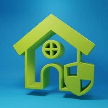Green House with shield icon isolated on blue background. Insurance concept.. Ilustración de archivo