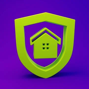 Green House with shield icon isolated on purple-blue background. Insurance .. Ilustración de archivo