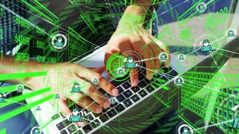 Green HUD circle pulsing while hands typing on laptop keyboard, spawning nodes Stock Footage 330033140