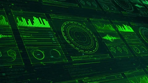 Green HUD Data Visualization Screen with Rotating Radar and Glowing Graphs Stock Footage 341677059