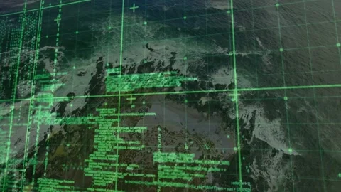 Green HUD overlay responding to satellite ping, scrolling code, shifting grid, Stock Footage 328331163