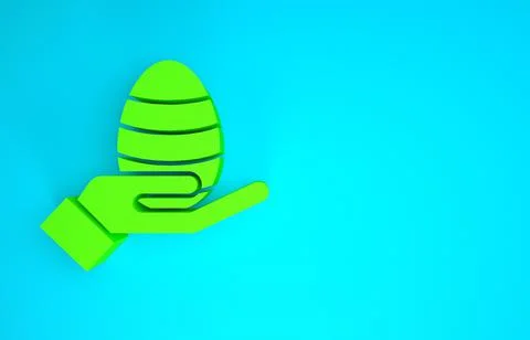 Green Human hand and easter egg icon isolated on blue background. Happy Easte Stock Illustration