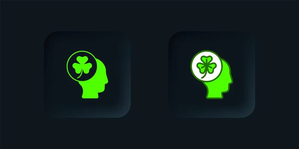 Green Human head with clover trefoil leaf icon isolated on black background.. Stock Illustration