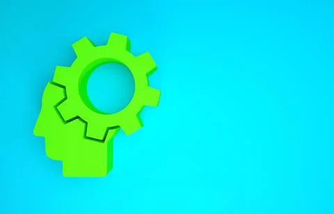 Green Human head with gear inside icon isolated on blue background. Artificia Illustrazione stock