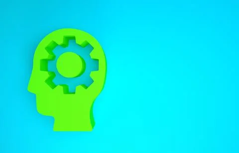 Green Human head with gear inside icon isolated on blue background. Artificia Illustrazione stock