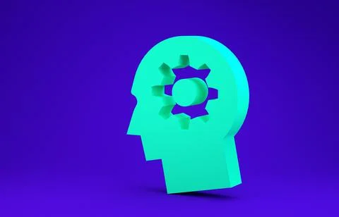Green Human head with gear inside icon isolated on blue background. Artificia 스톡 일러스트