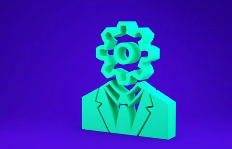 Green Human head with gear inside icon isolated on blue background. Artificia Illustrazione stock