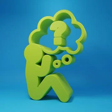 Green Human head with question mark icon isolated on blue background. Minim.. Stock Illustration