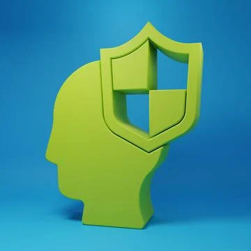 Green Human head with shield icon isolated on blue background. Minimalism c.. Stock Illustration