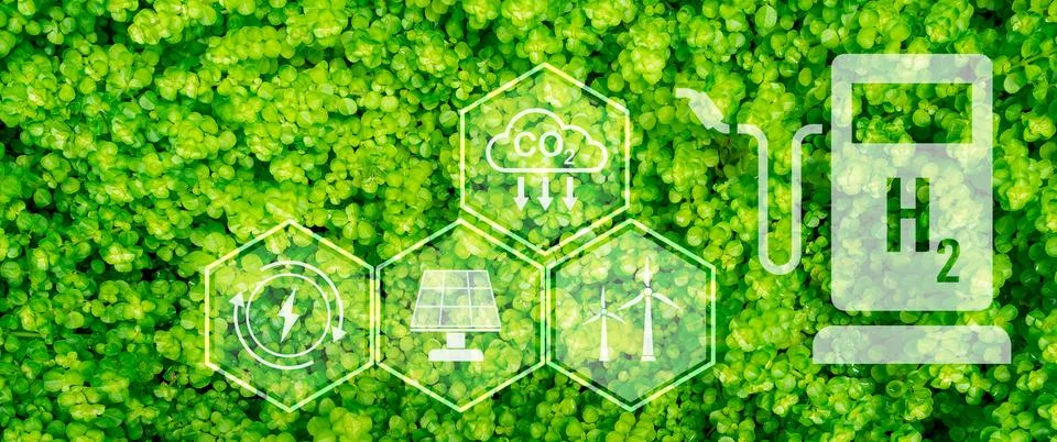 Green hydrogen energy generation using sustainable renewable resources like.. Foto stock