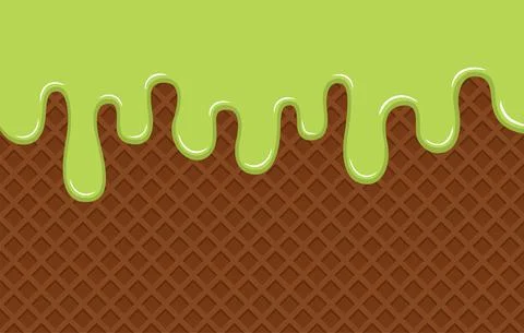 Green ice cream flows down the brown crispy waffle Stock Illustration