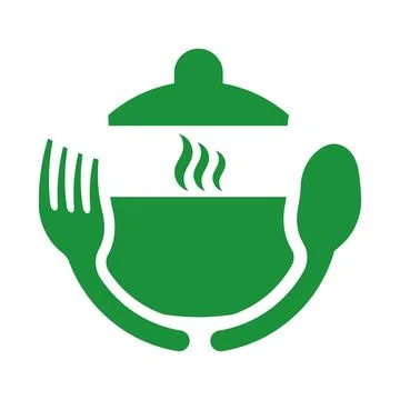 Green Icon of Hot Soup with Fork and Spoon for Restaurant and Catering Use Ilustración de archivo
