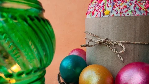 Green icon lamp, Easter cake and eggs Stock Footage 106253900
