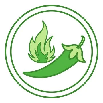 Green Icon Spicy. Vector Icon of Chili Pepper and Fire. Spicy Food or Sauce.. Stock Illustration