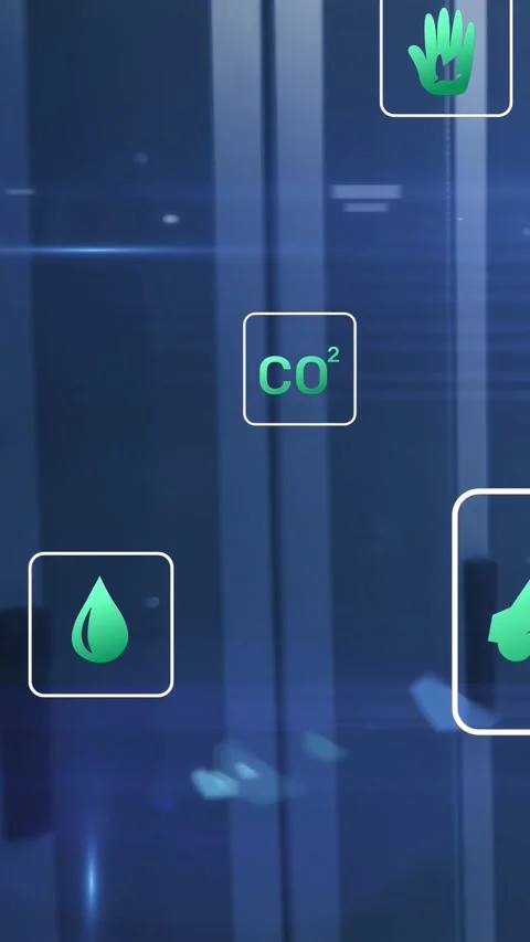 Green icon tiles floating over dark blue panels, incoming data updating CO2 Stock Footage 332845601