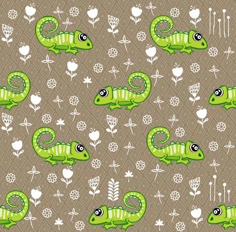 Green iguana Seamless pattern with cute animal. Stock Illustration