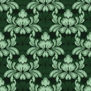 Green Ikat seamless damask pattern featuring ornate floral motifs Stock Illustration