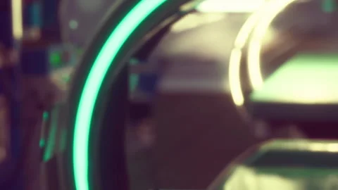 Green illuminated arches in a modern interior space during daytime hours Stock Footage 344992341