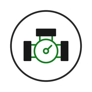 Green industrial pressure gauge with black accents inside a double circle s.. Illustrazione stock
