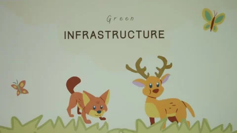 Green Infrastructure inscription. Graphic presentation with happy wild animals Stock Footage 270549367