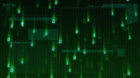 Green interface starting falling binary code streams obscuring panels and 스톡 동영상 310434261