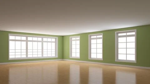 Green Interior with Four Windows, Light Glossy Parquet Flooring Stock Illustration