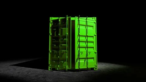 Green intermodal container open door spotlighted in the dark Stock Illustration