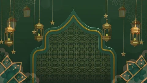 Green Islamic Arch Background with Golden Lanterns and Stars Stock Footage 336013602