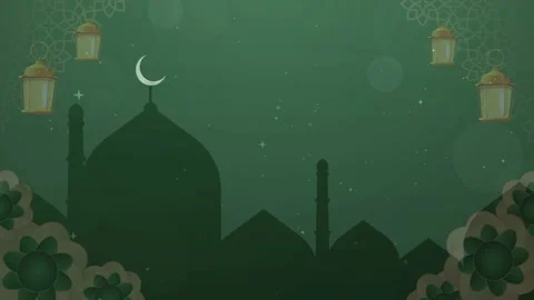 Green Islamic Mosque Silhouette with Lanterns and Moon Stock Footage 336013592