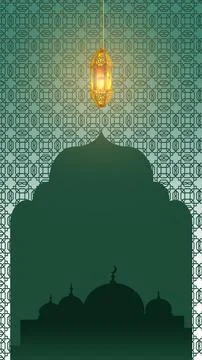 Green Islamic themed background featuring a glowing golden lantern, geometr.. Foto stock