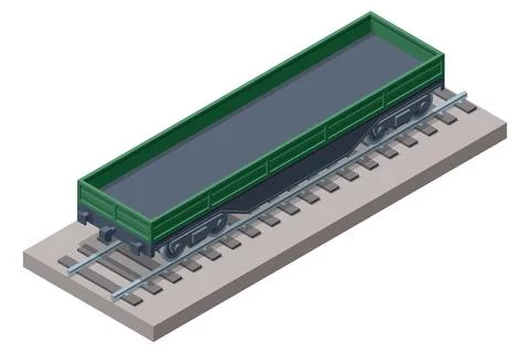 Green isometric flatbed wagon on a rail track. This open railway platform is 스톡 일러스트