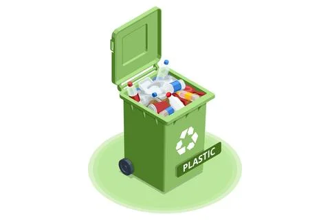 Green isometric plastic recycle bin filled with bottle and packaging waste on a Stock Illustration