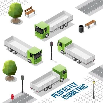 Green Isometric Truck from the Front Back Right and Left Views Stock Illustration