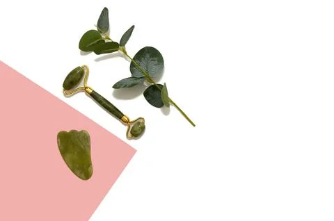 Green jade roller and eucalyptus branch on double background. Stock Photos