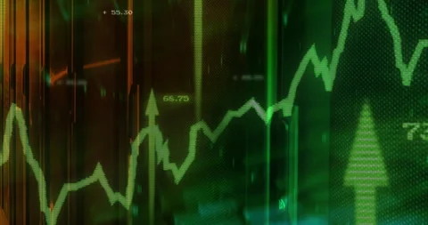 Green jagged line chart trending upward across interface, showing arrows and Stock Footage 308677351