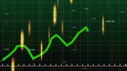 Green jagged trend line moving rightward and climbing on screen while live data Stock Footage 332469201