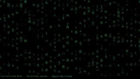 Green Japanese Characters Scroll Across a Black Screen, Simulating a Hacker's Stock Footage 281453492