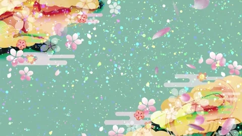Green Japanese traditional Pattern with Falling Sakura petal and Glitter Stock Footage 344634432