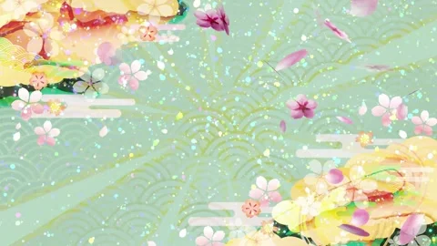 Green Japanese Wave Pattern with Falling Sakura and Sparkling Glitter Stock Footage 344634429