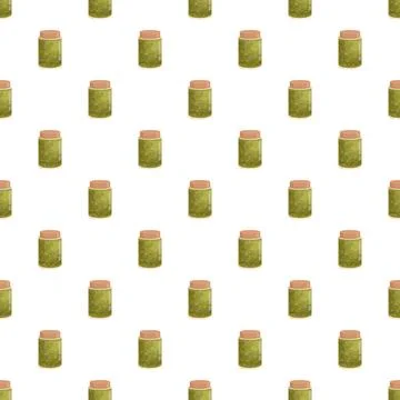 Green jars with brown lids seamless pattern Stock Illustration