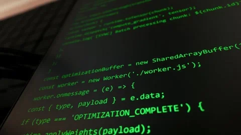 Green Javascript Source Code Displayed on Dark Computer Monitor Screen Stockbeeldmateriaal 334726598