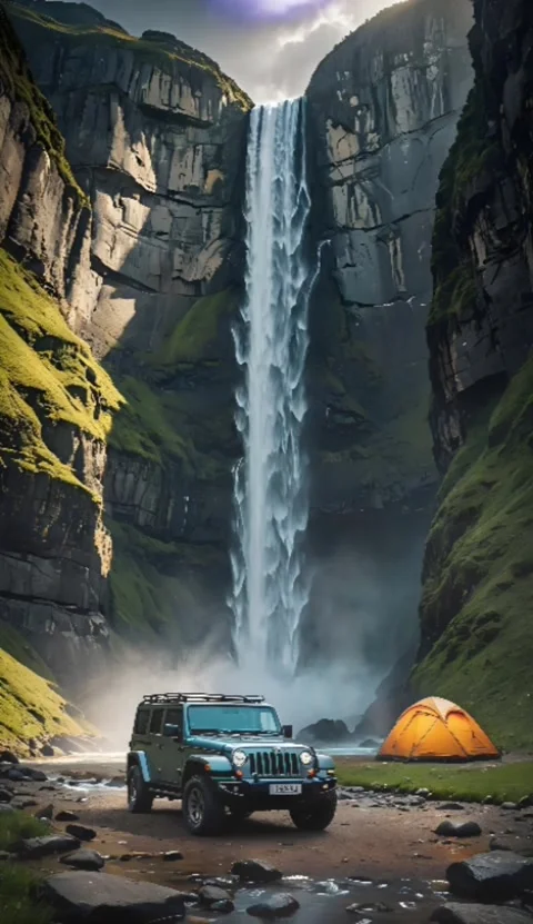 Green jeep under waterfall Stock Footage 284321652