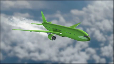 A green jetliner flying above the clouds. Blurred background. Airplane Stock Footage 146613441