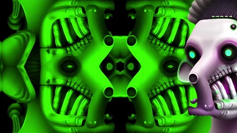 Green Kaleidoscope Pattern with Teeth and Robot Head Stock Footage 311014773