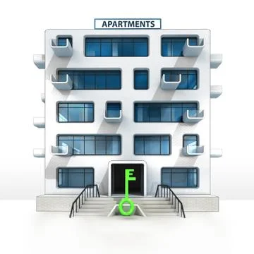 Green key in front of isolated apartment building illustration Ilustración de archivo