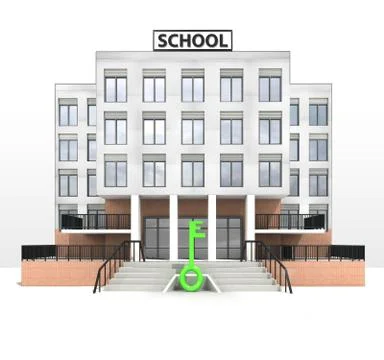 Green key in front of modern school building illustration Ilustración de archivo