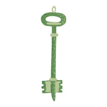 Green key isolated on white background. Antiquarian element for door in doodl Stock Illustration
