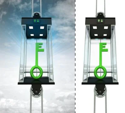 Green key in sky elevator concept also isolated one illustration Stock Illustration