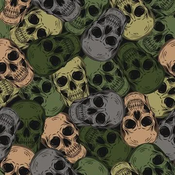 Green khaki camouflage pattern with human skulls Stock Illustration