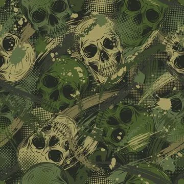 Green khaki grunge camo pattern with human skulls Stock Illustration